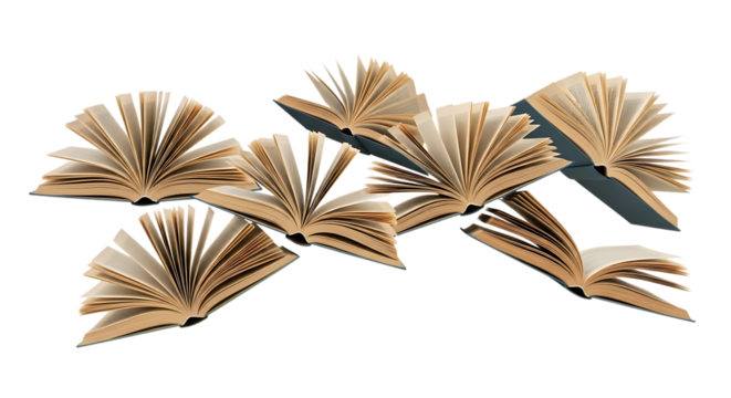 Collection of open antique books with aged pages fanned out, cutout, PNG isolated on white or transparent background open book