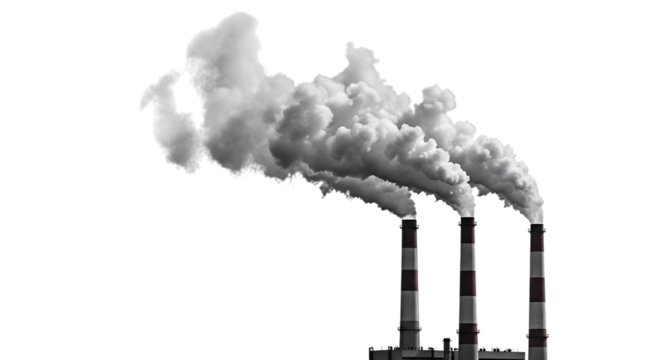 Three industrial smokestacks emitting thick white smoke against a dark background, cutout, PNG isolated on white or transparent background