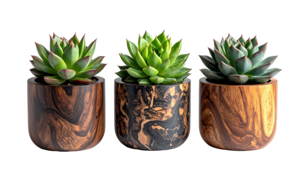 Succulent Plants in Unique Wooden Pots on Transparent Background for Home Decor and Gardening