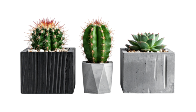 Three Potted Cacti in Unique Geometric Containers on Transparent Background