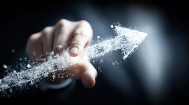 Businessman hand touching digital upward arrow hologram