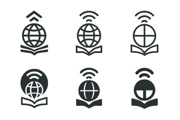 Remote Education Icons. Remote education access. Icon set. Set Logo of Remote education access: Globe with wifi and book. harmonious logo variations of the