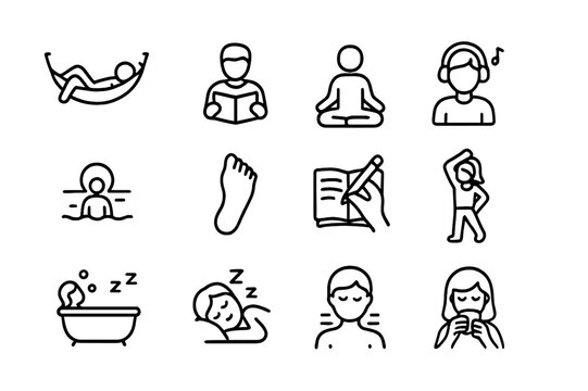 Relaxation Icon Set. Relaxing activities. Line icon set of relaxing activities: lying in hammock, reading, meditating, listening to music, watching sunset,