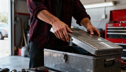 Dad opening toolbox to repair,realistic garage scene with soft side lighting and focused composition