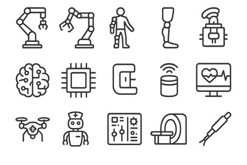 Fototapeta premium Robotic Healthcare Icons. Robotic Healthcare. Line icon set of Robotic Healthcare: robotic surgery arm, exoskeleton, prosthetic limb, AI brain, microchip,