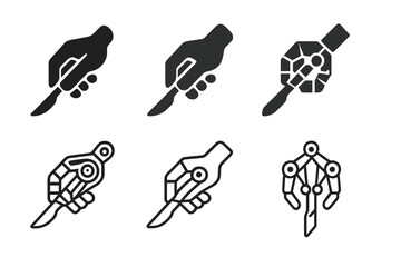 Robotic Surgery Icons. Robotics surgery specialist. Icon set. Set Logo of robotic surgery: mechanical precision hand. harmonious logo variations of the same