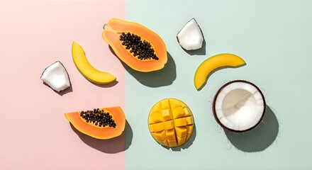 Sliced papaya, mango, and coconut pieces arranged on a split pink and blue background, creating a vibrant and tropical fruit composition.