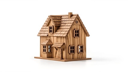 A meticulously crafted wooden house model on a clean white background. Soft studio lighting highlights natural wood grain and intricate details. Excellent for real estate and home concepts.