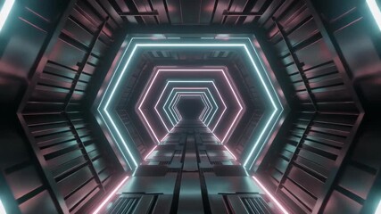 Futuristic hexagonal tunnel with glowing neon lights in blue and pink, creating an abstract sci-fi corridor. - Powered by Adobe