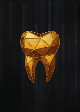 Golden geometric tooth logo on dark luxury background