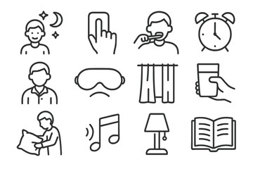 Sleep Routine Icons. Sleep preparation. Line icon set of sleep preparation: bedtime routine, turning off light, brushing teeth, setting alarm, putting on