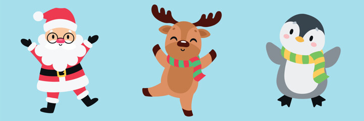Cute Christmas characters, Santa Claus, reindeer and penguin. Isolated background. Vector illustration