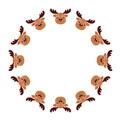 Round Christmas frame with a cute deer. Isolated background. Simple flat vector illustration