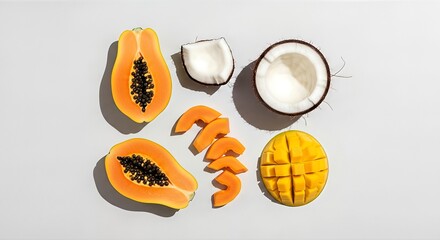 Overhead shot of sliced papaya, coconut pieces, and cubed mango arranged on a white surface, creating a colorful and fresh fruit composition.