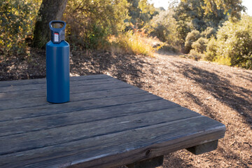 A drink water bottle sits on a rustic wooden picnic table in a sunny forest setting. It symbolizes hydration, sustainability, travel, hiking, and taking a healthy break in nature