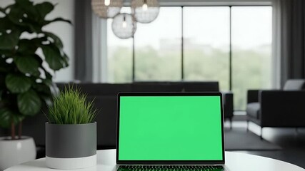 Modern laptop with vibrant green screen on a white table in a stylish living room, ready for customization.