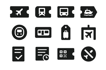 Travel Tickets Icons. Travel tickets. Solid icon set of Travel tickets: airplane boarding pass, train ticket, bus ticket, ferry pass, subway token, metro card,