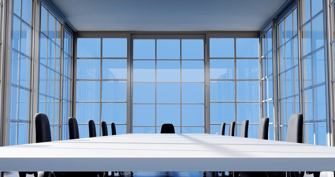 Chairs, table and technology in empty boardroom of corporate office for meeting with window view