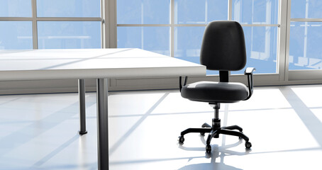 Chairs, table and technology in empty boardroom of corporate office for meeting with window view
