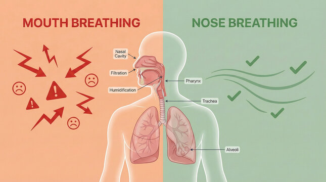 Comparison chart showing mouth versus nose breathing benefits with anatomical diagram and labeled respiratory parts for educational health content