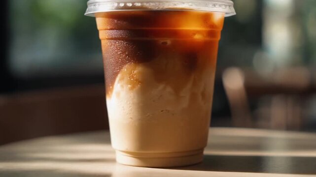 A refreshing iced coffee with layers of milk and espresso in a clear plastic cup.