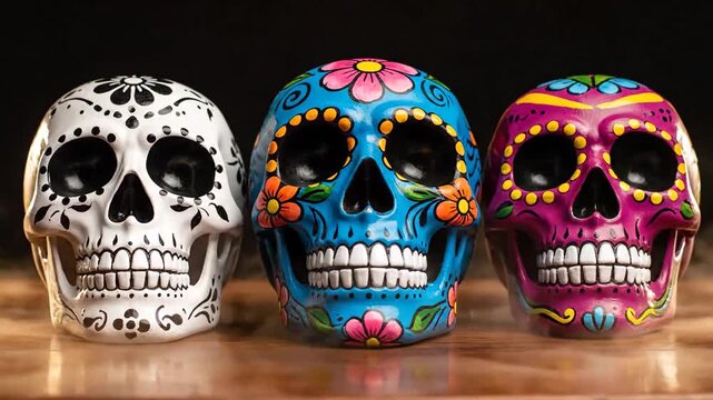 Three Skulls Decorated With Colorful Flowers and Patterns In Smoke Against A Dark Background Showing The Day Of The Dead Celebration