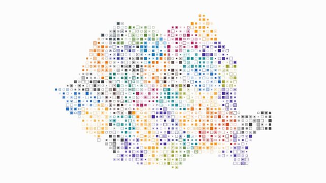 Romania animated country shape. Pulsating colored dots on the map of the country. Small size square blocks. Digital style Romania map on white background. Trending animation video.