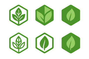 Eco Badge Variations. Green label design with eco vibes trend. Icon set. Set Logo of green label design with eco vibes trend: hexagonal eco badge with leaf