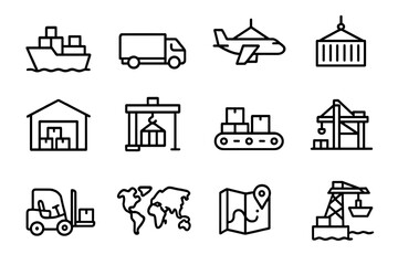 Global Supply Chain Icons. Global Supply Chains. Line icon set of Global Supply Chains: cargo ship, freight truck, airplane cargo, shipping