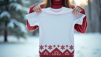 Woman holding white t-shirt with red pattern in snowy landscape  