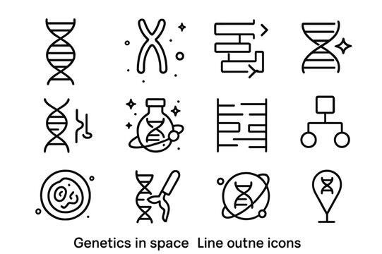 Genetic Space Icons. Genetics in space. Line icon set of genetics in space: DNA double helix, floating chromosome, gene expression, mutation icon, RNA strand,