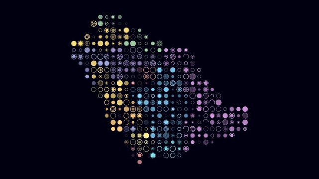 Saudi Arabia animated country shape. Pulsating colored dots on the map of the country. Large size circle blocks. Digital style Saudi Arabia map on dark background. Modern animation video.