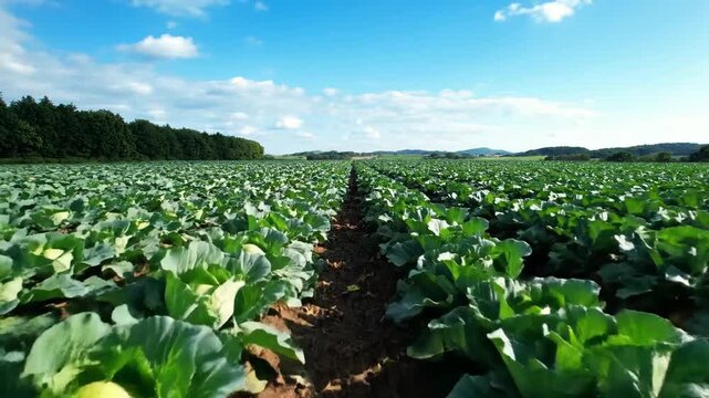 Vast Rows Of Green Cabbage Grow Under A Bright Blue Sky With Fluffy Clouds On A Sunny Day With A Dark Forest In The Distance Capturing A Rural Agricultural Landscape Scene