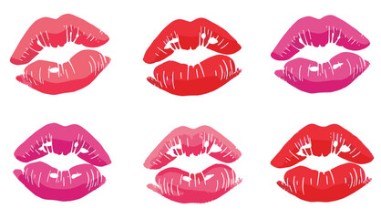 Colorful lipstick kiss prints arranged in vibrant pink and red lip shapes with glossy texture Concept of romance beauty passion expression