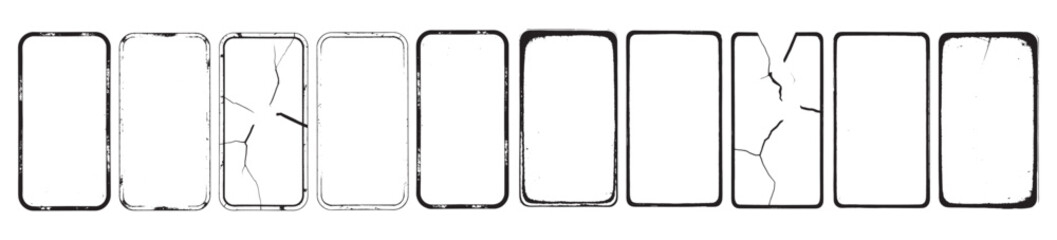 Set of distressed rectangular frames with grunge texture and cracked worn border variations Concept of vintage decay rough design