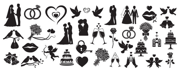 Wedding romance icons with couples rings hearts doves bouquets cakes and love symbols in elegant black illustration Concept of marriage celebration affection and unity