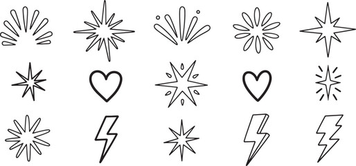 Hand-drawn doodle symbols including stars hearts lightning and burst shapes arranged in rows