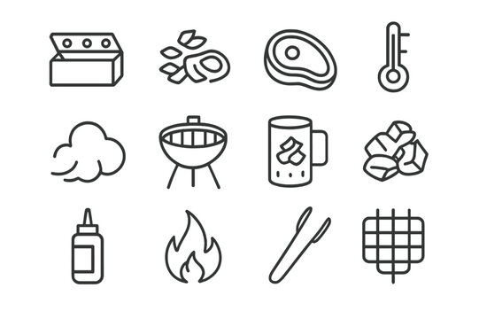 Smoking Techniques Icons. Smoking techniques. Line icon set of smoking techniques: smoker box, wood chips, meat cut, thermometer, smoke cloud, grill, chimney,