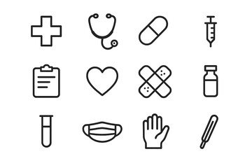 Healthcare Icons Grid. Healthcare essentials. Line icon set of healthcare essentials: cross, stethoscope, pill, syringe, clipboard, heart, bandage, vial, test