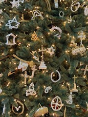 Close up of Chrismon ornaments on a holiday tree