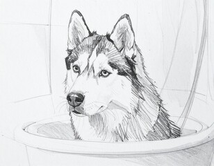 ハスキー犬のスケッチ。水につかる犬。