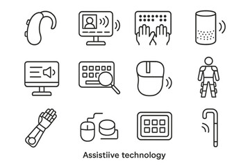 Assistive Technology Icons. Assistive Technology. Line icon set of Assistive Technology: hearing aid, speech device, braille reader, screen reader, adaptive