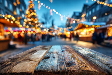 Wooden table in foreground with blurred Christmas market lights and decorations in background, creating a warm festive atmosphere for holiday presentations and seasonal promotions