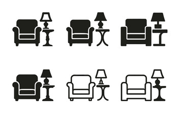 Elegant Side Table Logos. Elegant Side Tables. Icon set. Set Logo of Elegant Side Tables: Side Table Arrangement Next to Sofa. harmonious logo variations of