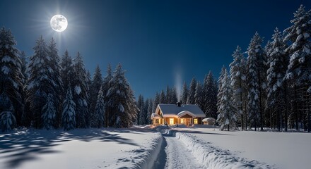 Snowy cabin scene at night under bright full moon in forest landscape