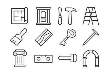 Fototapeta premium Architectural Restoration Icons. Architectural restoration. Line icon set of architectural restoration: blueprint, door frame, chisel, hammer, ladder, brush,