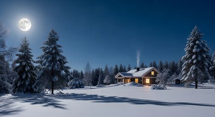 Snowy cabin scene illuminated by full moon during winter night