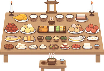 Minimal Korean Ancestral Rite Table Illustration(Transparent PNG)