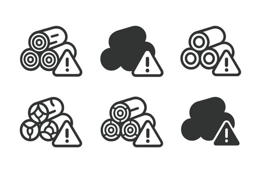 Error Log Icons. Error Log Analysis. Icon set. Set Logo of Error Log Analysis: stacked logs with alert mark. harmonious logo variations of the same emblematic