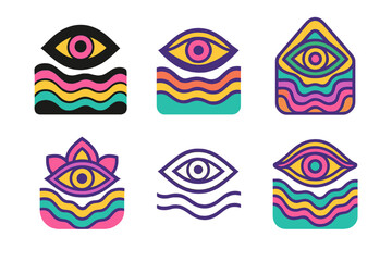 Psychedelic Eye Logos. Psychedelic and trippy designs. Icon set. Set Logo of psychedelic: floating third eye. harmonious logo variations of the same emblematic